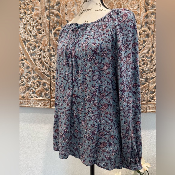 Lucky Brand Blue w/ Purple Floral, Boho Peasant Blouse- size L - Picture 4 of 13